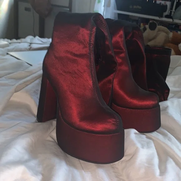 DollsKill Rare Know My Worth Platform Boots Current Mood Red Mesh Thigh High - Picture 3 of 10